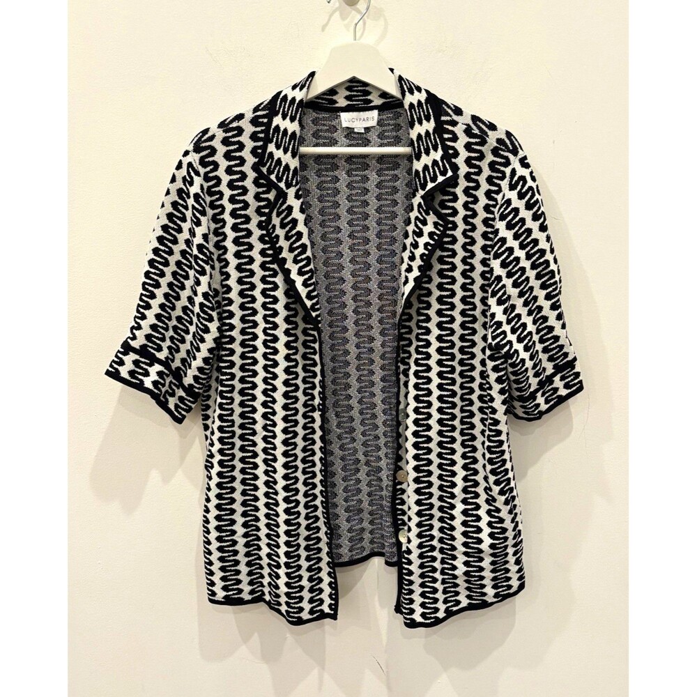 LUCYPARIS Black White Geometric Knit Button-Front Collared Cardigan Sweater XL